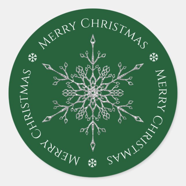 Silver Glitter Snowflake Merry Christmas Green Classic Round Sticker (Front)