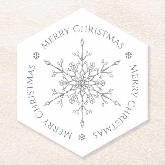 Silver Glitter Snowflake Merry Christmas Paper Coaster (Front)