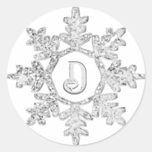 Silver Glitter Snowflake Monogram Christmas  Classic Round Sticker