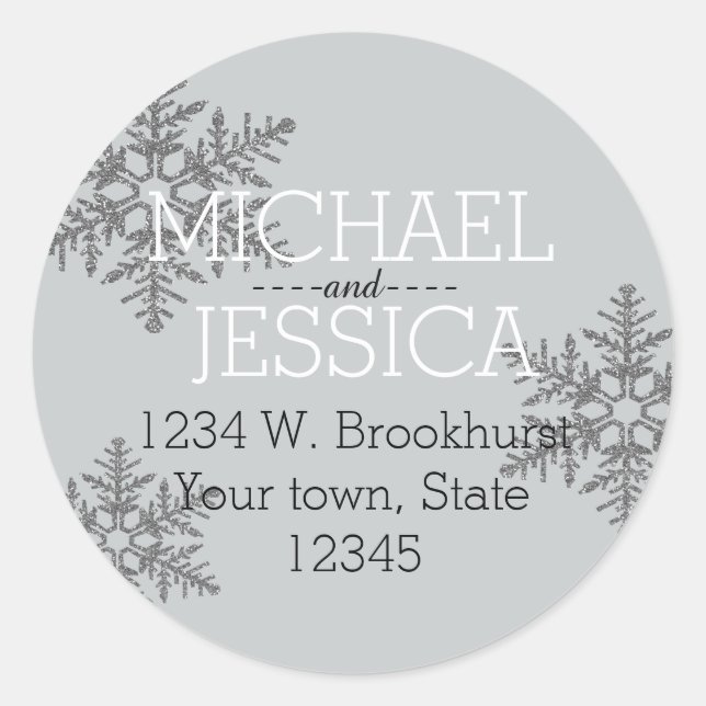 Silver Glitter Snowflake Personalised address Classic Round Sticker (Front)