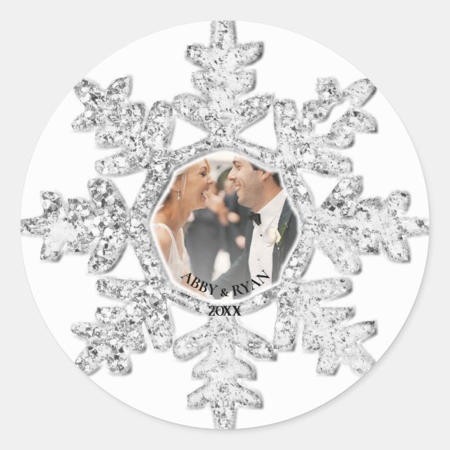 Silver Glitter Snowflake Photo Frame Personalised  Classic Round Sticker (Front)