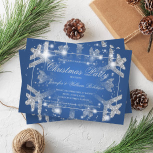 Silver Glitter Snowflake Xmas Holiday Party Blue Invitation