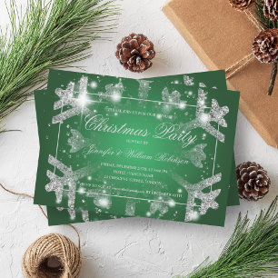 Silver Glitter Snowflake Xmas Holiday Party Green Invitation