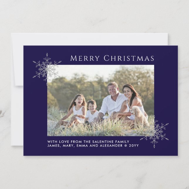 Silver Glitter Snowflakes Navy Christmas Photo Holiday Card (Front)
