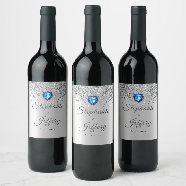 Silver Glitter Sparkle Blue Wedding Wine Label (Bottles)