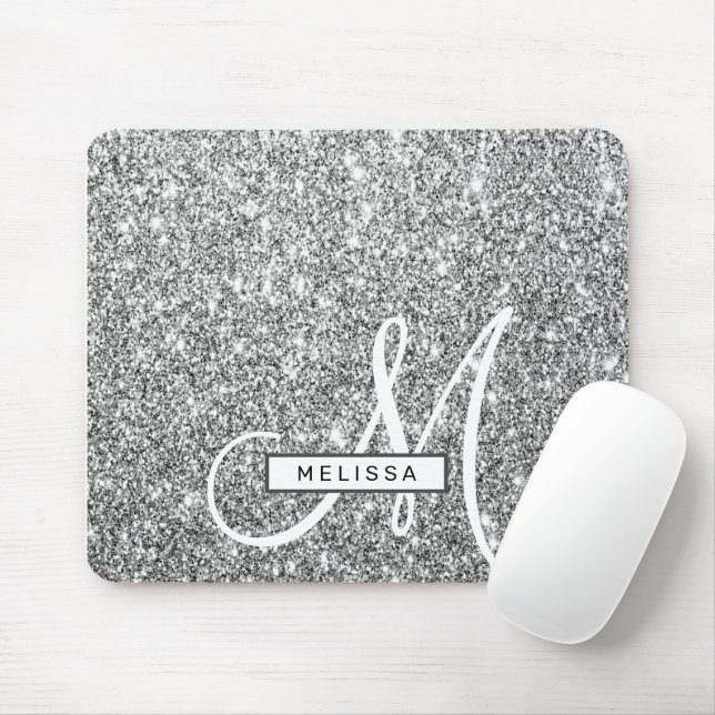 Silver Glitter Sparkle Custom Monogrammed and Name Mouse Pad (With Mouse)