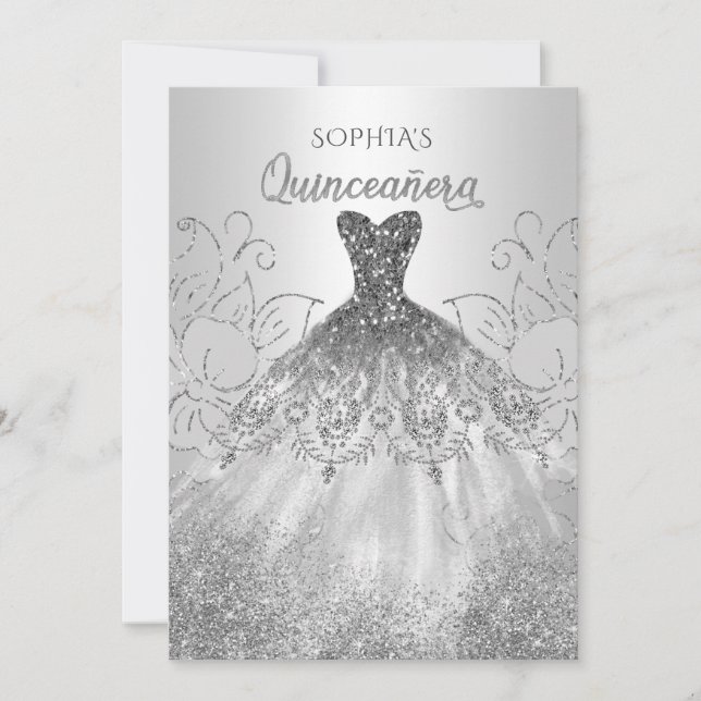 Silver Glitter Sparkle Dress Quinceañera Quince  Invitation (Front)