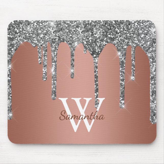 Silver Glitter Sparkle Drip Rose Gold Monogram Mouse Pad (Front)