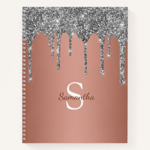 Silver Glitter Sparkle Drip Rose Gold Monogram Notebook
