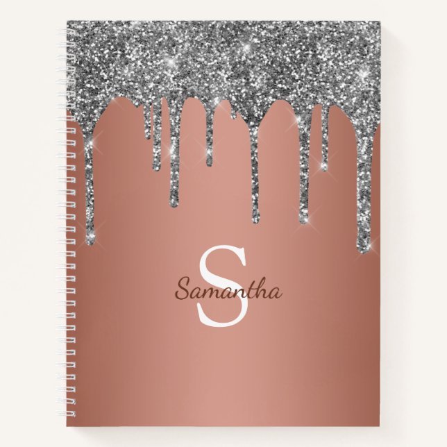 Silver Glitter Sparkle Drip Rose Gold Monogram Notebook (Front)
