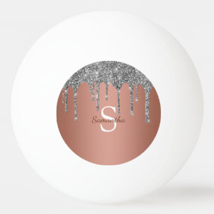 Silver Glitter Sparkle Drips Rose Gold Monogram Ping Pong Ball