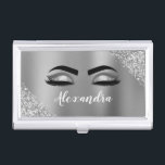 Silver Glitter Sparkle Eyelashes Monogram Name Business Card Holder<br><div class="desc">Silver Faux Foil Metallic Sparkle Glitter Brushed Metal Monogram Name and Initial Eyelashes (Lashes),  Eyelash Extensions and Eyes Business Card Holder. This makes the perfect sweet 16 birthday,  wedding,  bridal shower,  anniversary,  baby shower or bachelorette party gift for someone decorating her room in trendy cool style.</div>