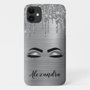 Silver Glitter Sparkle Eyelashes Monogram Name Case-Mate iPhone Case