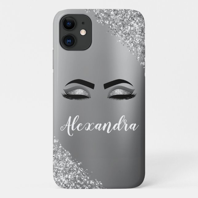 Silver Glitter Sparkle Eyelashes Monogram Name Case-Mate iPhone Case (Back)