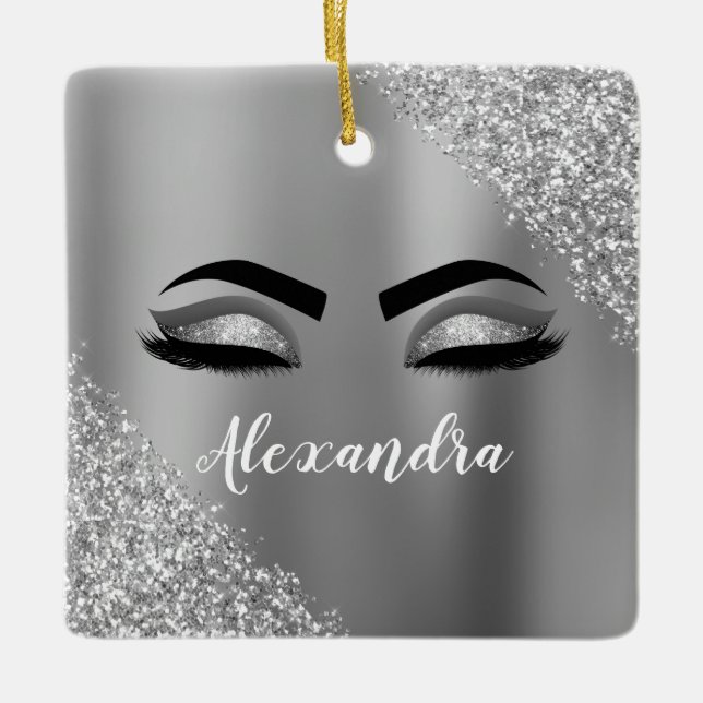 Silver Glitter Sparkle Eyelashes Monogram Name Ceramic Ornament (Front)
