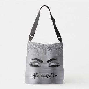 Silver Glitter Sparkle Eyelashes Monogram Name Crossbody Bag