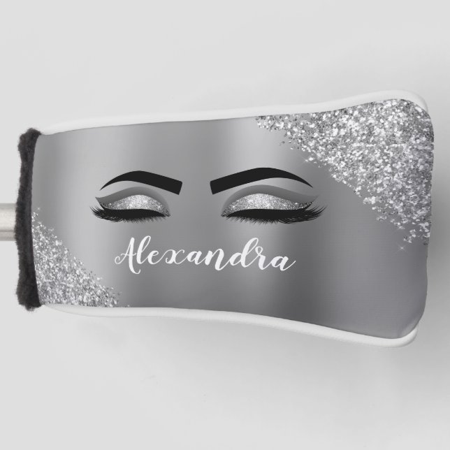 Silver Glitter Sparkle Eyelashes Monogram Name Golf Head Cover (Front)
