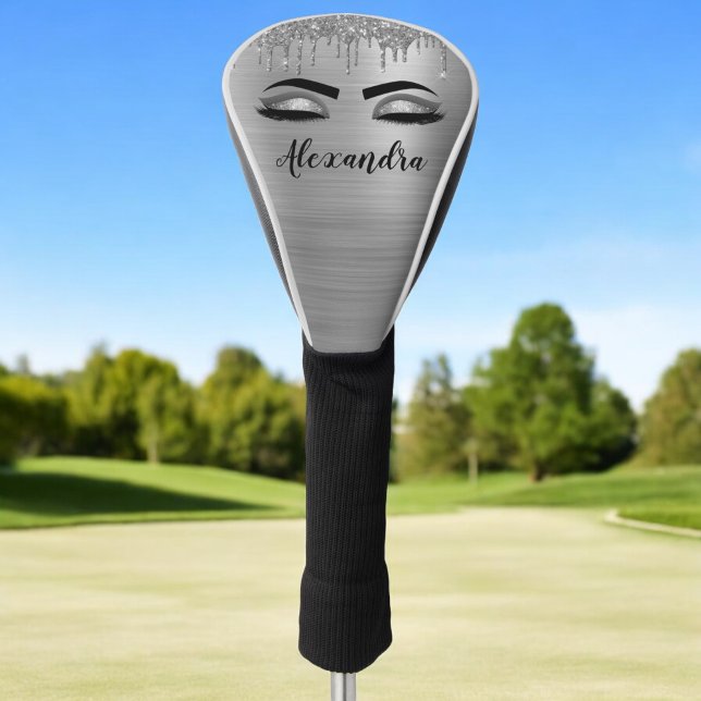 Silver Glitter Sparkle Eyelashes Monogram Name Golf Head Cover (Creator Uploaded)