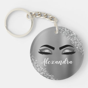 Silver Glitter Sparkle Eyelashes Monogram Name Key Ring