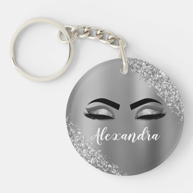 Silver Glitter Sparkle Eyelashes Monogram Name Key Ring (Front)