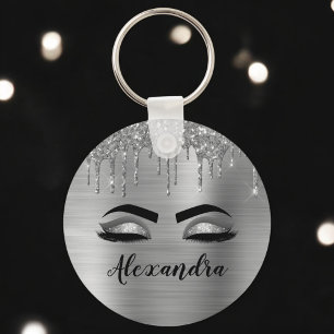 Silver Glitter Sparkle Eyelashes Monogram Name Key Ring