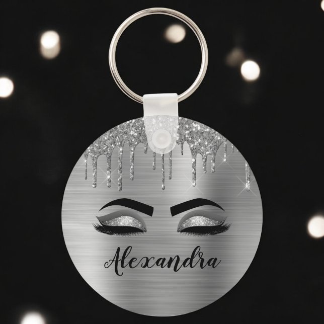 Silver Glitter Sparkle Eyelashes Monogram Name Key Ring (Creator Uploaded)