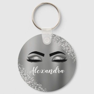 Silver Glitter Sparkle Eyelashes Monogram Name Key Ring