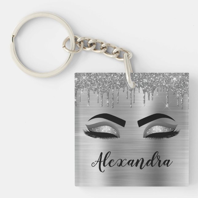 Silver Glitter Sparkle Eyelashes Monogram Name Key Ring (Front)
