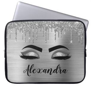 Silver Glitter Sparkle Eyelashes Monogram Name Laptop Sleeve