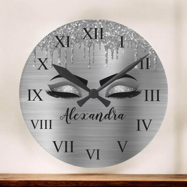 Silver Glitter Sparkle Eyelashes Monogram Name Large Clock (Creator Uploaded)