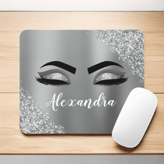 Silver Glitter Sparkle Eyelashes Monogram Name Mouse Pad (Creator Uploaded)