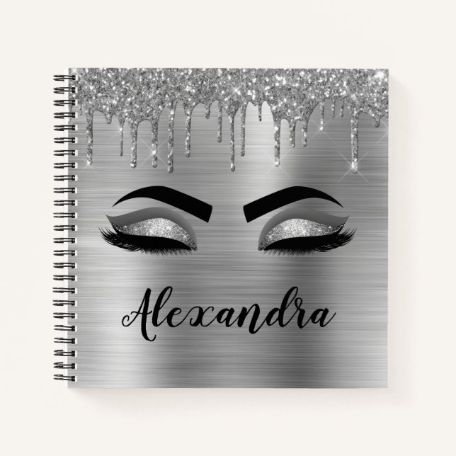 Silver Glitter Sparkle Eyelashes Monogram Name Notebook (Front)