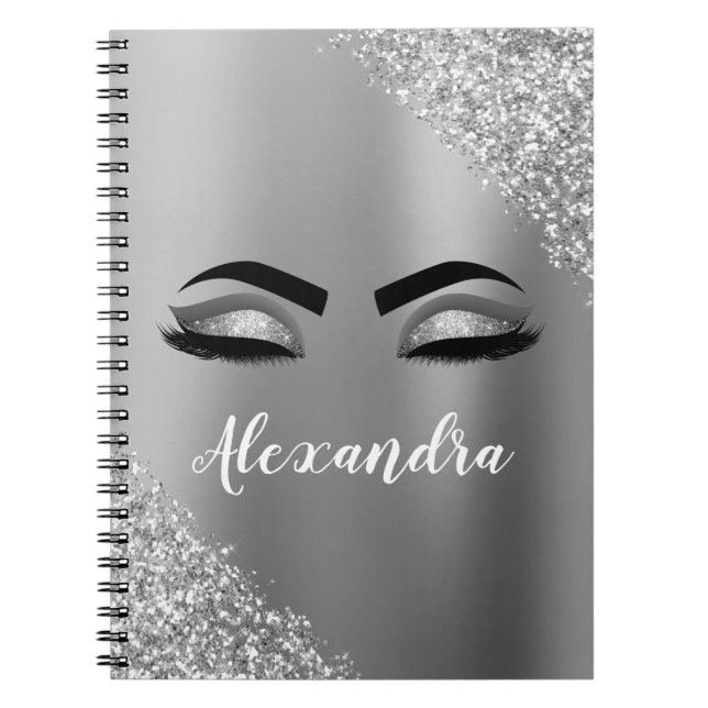 Silver Glitter Sparkle Eyelashes Monogram Name Notebook (Front)