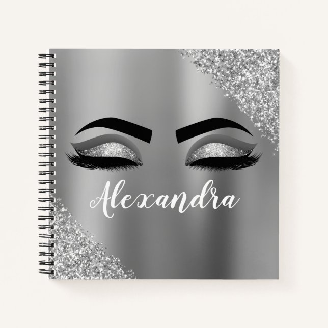 Silver Glitter Sparkle Eyelashes Monogram Name Notebook (Front)