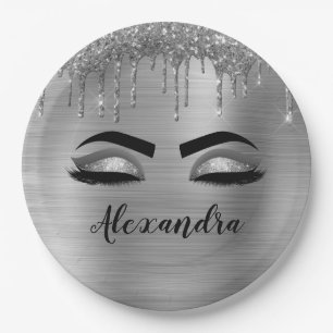 Silver Glitter Sparkle Eyelashes Monogram Name Paper Plate