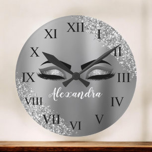 Silver Glitter Sparkle Eyelashes Monogram Name Round Clock