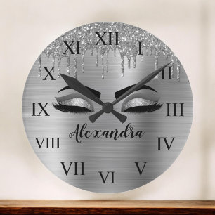 Silver Glitter Sparkle Eyelashes Monogram Name Round Clock