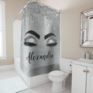 Silver Glitter Sparkle Eyelashes Monogram Name Shower Curtain