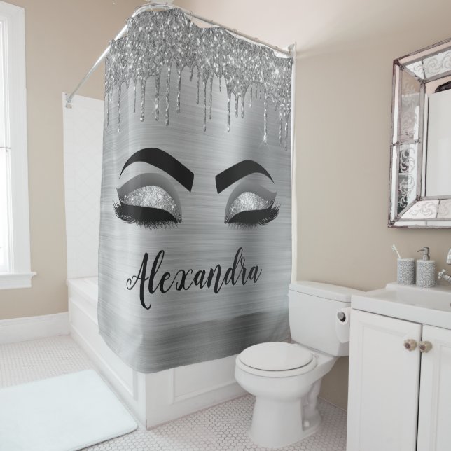 Silver Glitter Sparkle Eyelashes Monogram Name Shower Curtain (In Situ)