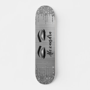 Silver Glitter Sparkle Eyelashes Monogram Name Skateboard