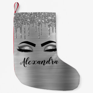 Silver Glitter Sparkle Eyelashes Monogram Name Small Christmas Stocking