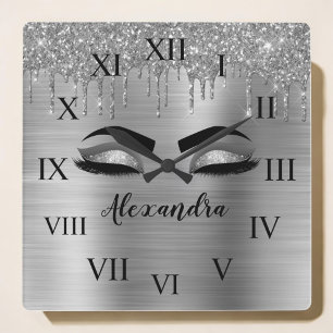 Silver Glitter Sparkle Eyelashes Monogram Name Square Wall Clock