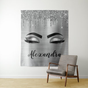Silver Glitter Sparkle Eyelashes Monogram Name Tapestry