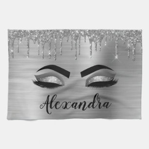 Silver Glitter Sparkle Eyelashes Monogram Name Tea Towel
