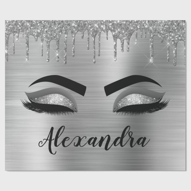 Silver Glitter Sparkle Eyelashes Monogram Name Wrapping Paper (Flat)