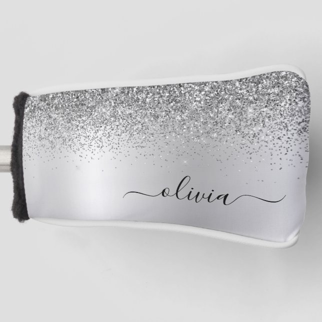 Silver Glitter Sparkle Glam Metal Monogram Name Golf Head Cover (Front)