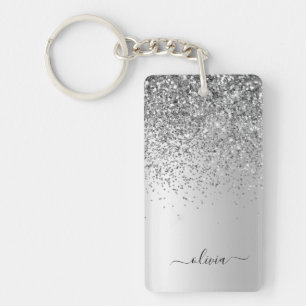 Silver Glitter Sparkle Glam Metal Monogram Name Key Ring