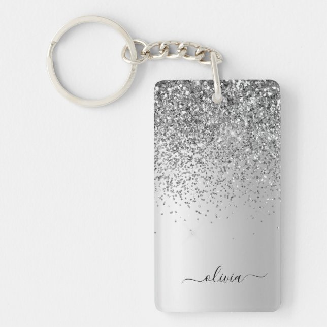 Silver Glitter Sparkle Glam Metal Monogram Name Key Ring (Front)