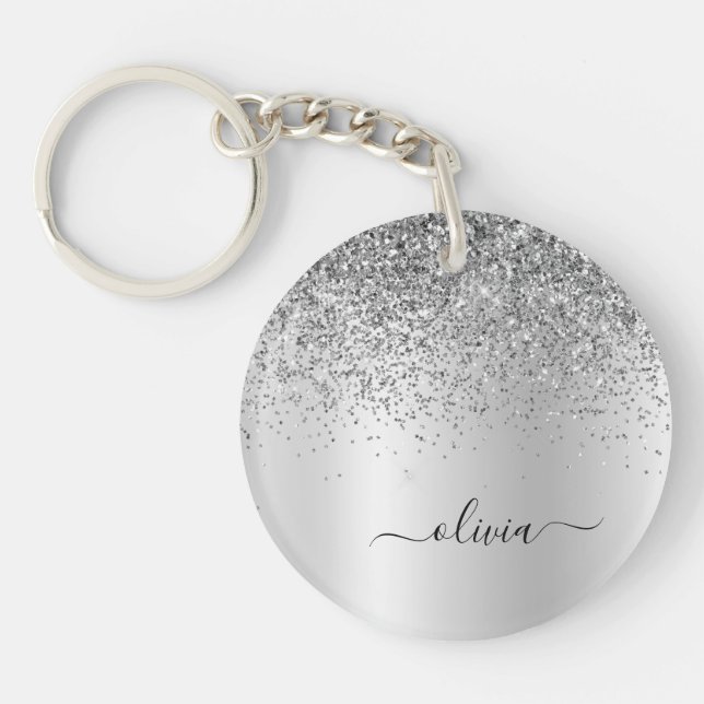 Silver Glitter Sparkle Glam Metal Monogram Name Key Ring (Front)