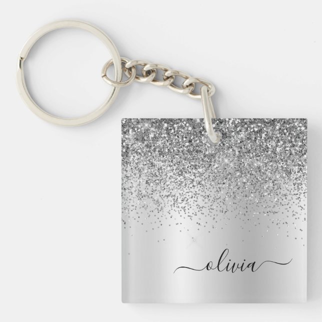 Silver Glitter Sparkle Glam Metal Monogram Name Key Ring (Front)